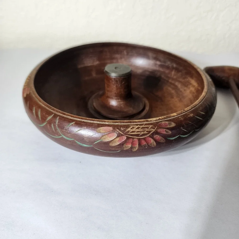 Vintage Hand Carved Wooden Nut Bowl Set with Mallet and Metal Anvil India Floral